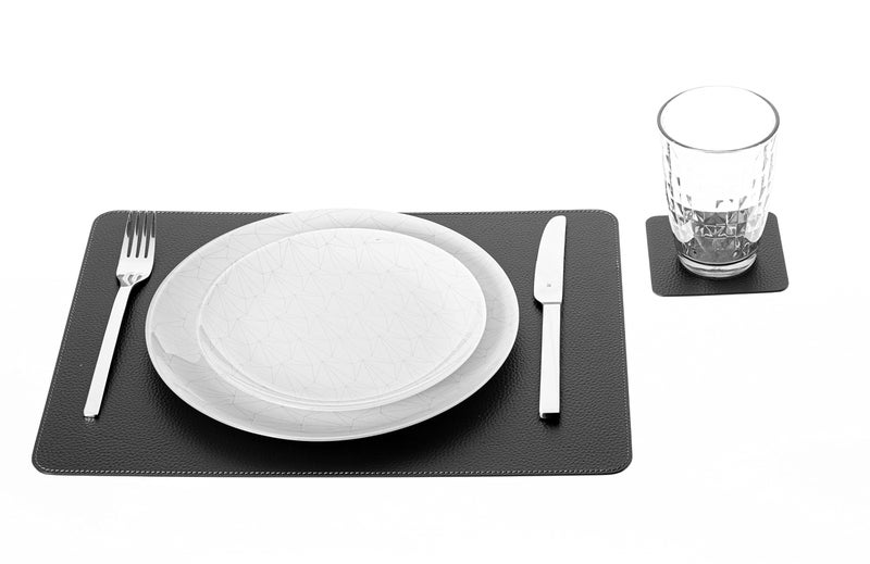 Nikalaz Set of Small Black 4 Placemats and 4 Coasters Made of Recycled Leather, Place Mats (15.7'' x 11.8'' and Coasters 3.9'' x 3.9'', Black) - Image 1